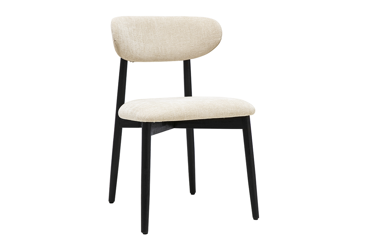Silla beige de tela con efecto de terciopelo texturizado y estructura de madera negra, vista en 3/4
