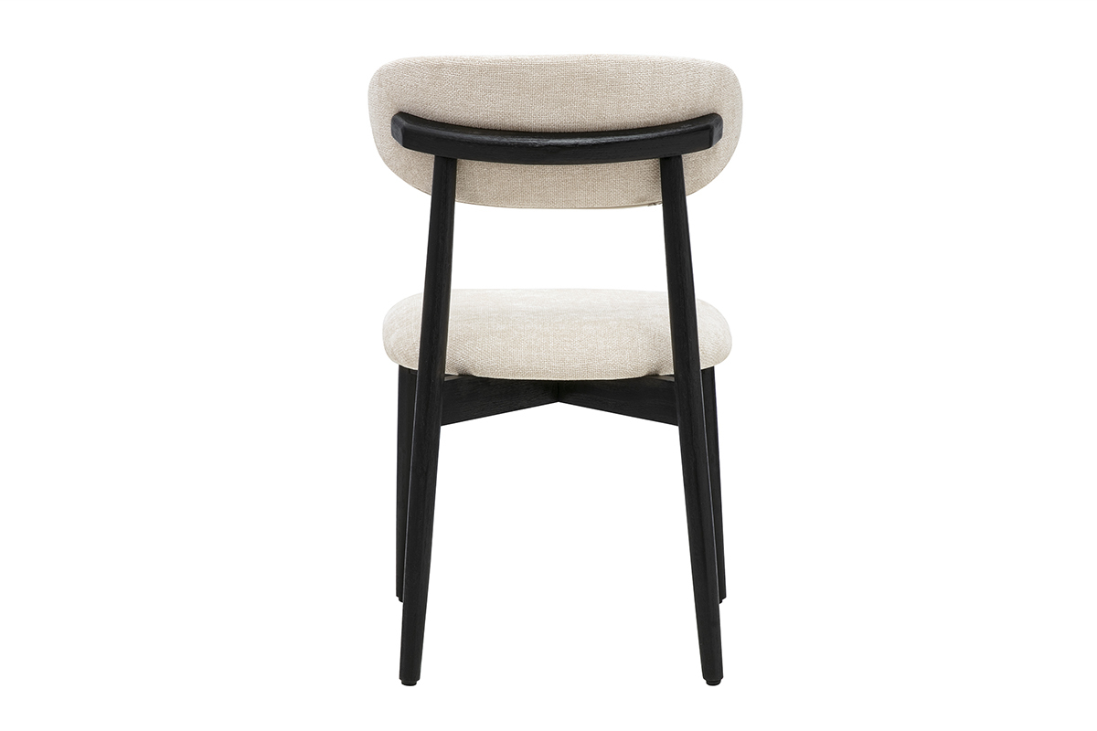 Silla beige de tela con efecto terciopelo texturizado vista desde atr�s, con patas de madera negra.