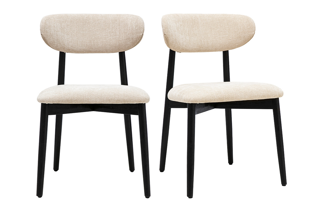 Sillas de tela beige con efecto terciopelo y madera negra, vista frontal, lote de 2