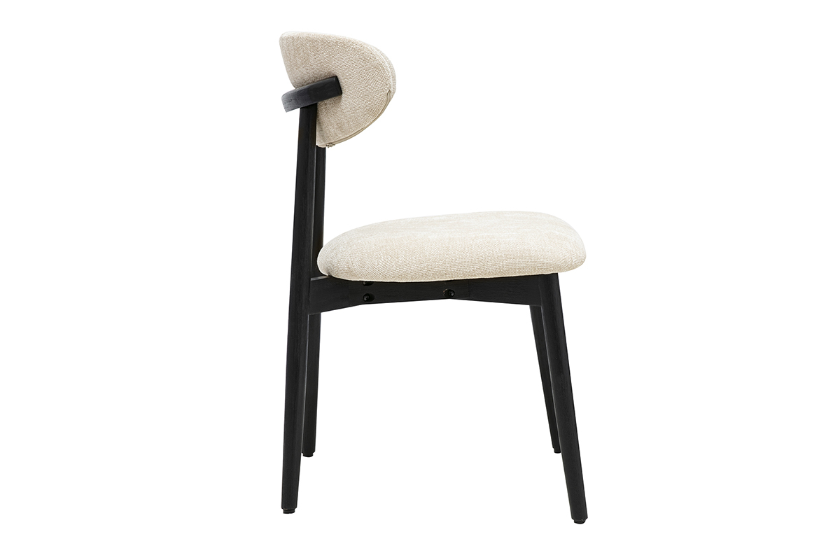 Silla SIAME en tejido beige con respaldo curvado, vista de perfil sobre patas de madera negra.