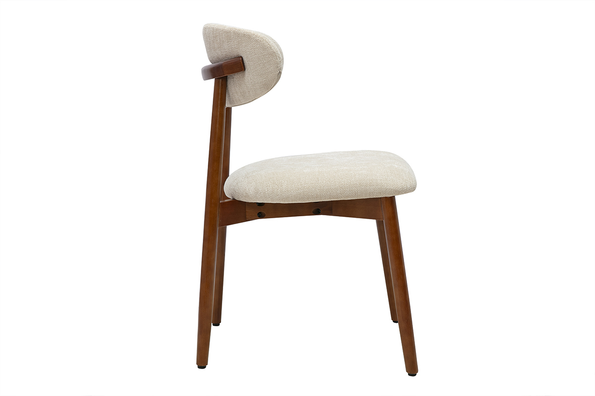 Silla SIAME de tela beige con efecto terciopelo, vista de perfil, con estructura de madera oscura