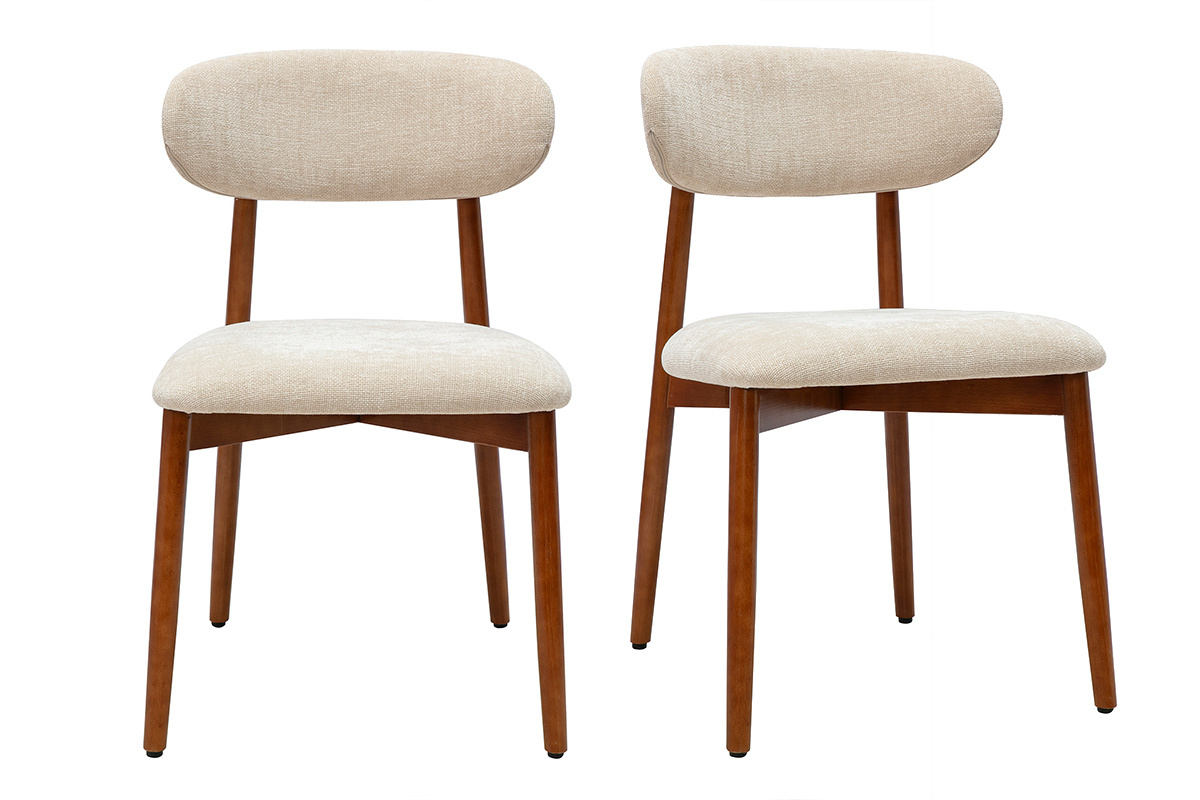 Sillas de tela con efecto terciopelo beige y madera oscura, vista frontal, lote de 2.