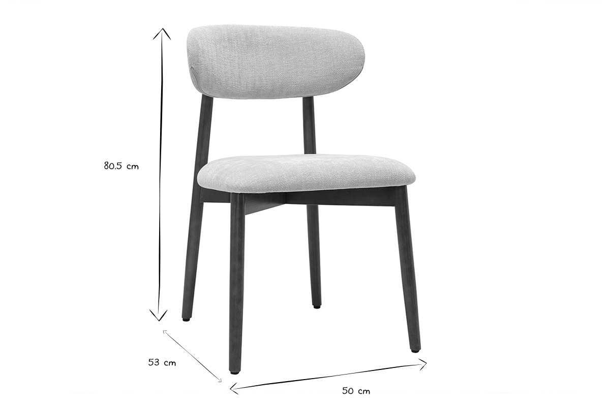 Dimensiones de la silla SIAME: L50 x P53 x H80,5 cm en negro y blanco.