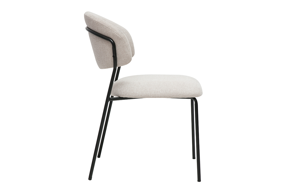 Silla BENTA beige en tela efecto terciopelo, vista de lado, estructura de metal negro.
