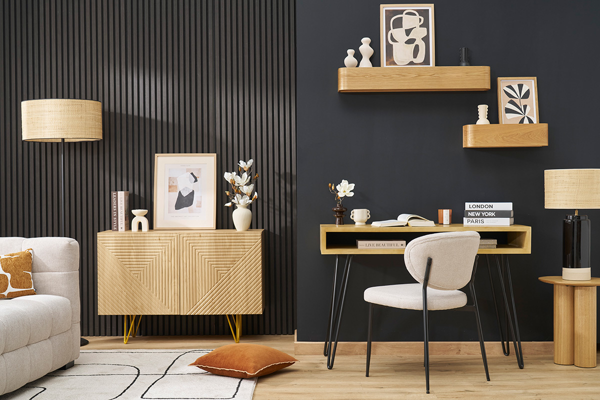 Sillas de tela efecto terciopelo texturizado beige y metal negro (juego de 2) BREKA