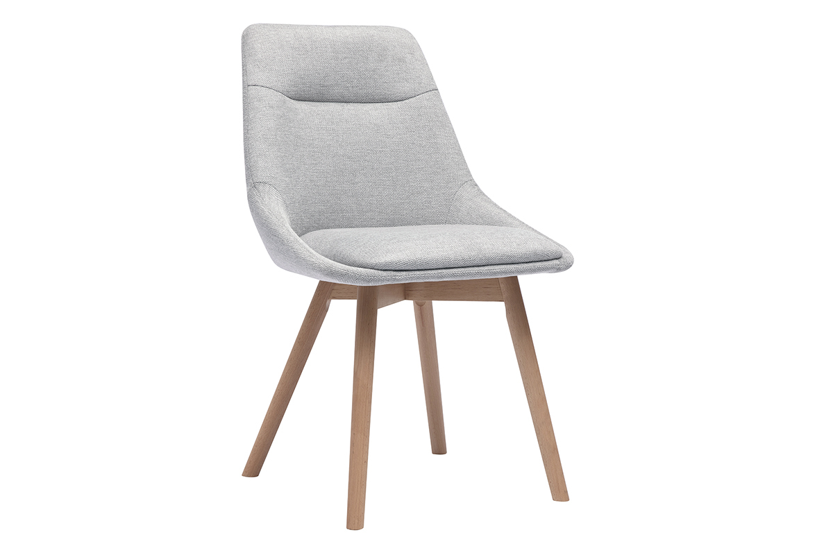 Silla gris de tejido efecto terciopelo con patas de madera clara, vista de tres cuartos.