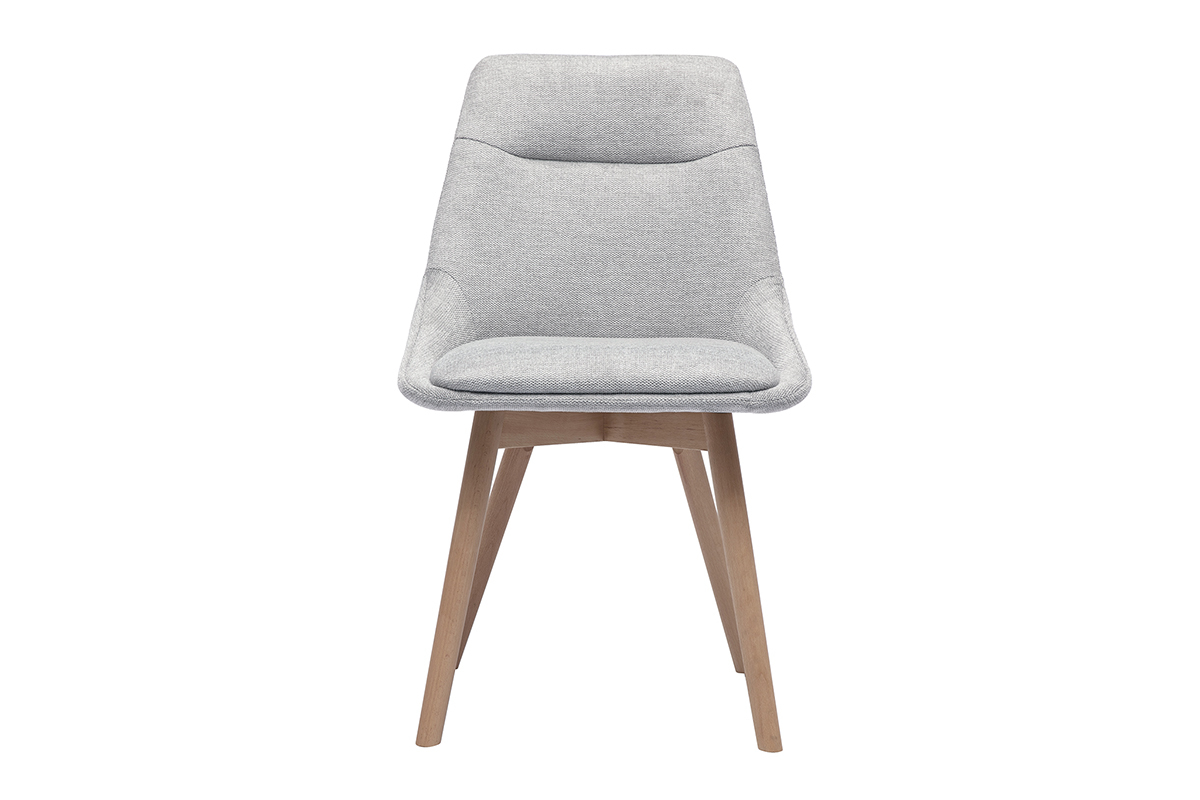 Silla de tela efecto terciopelo gris claro y madera clara, vista frontal.