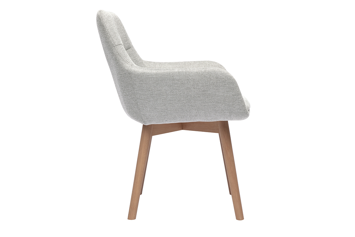 Silla de tela efecto terciopelo gris claro, vista lateral, patas de madera clara.