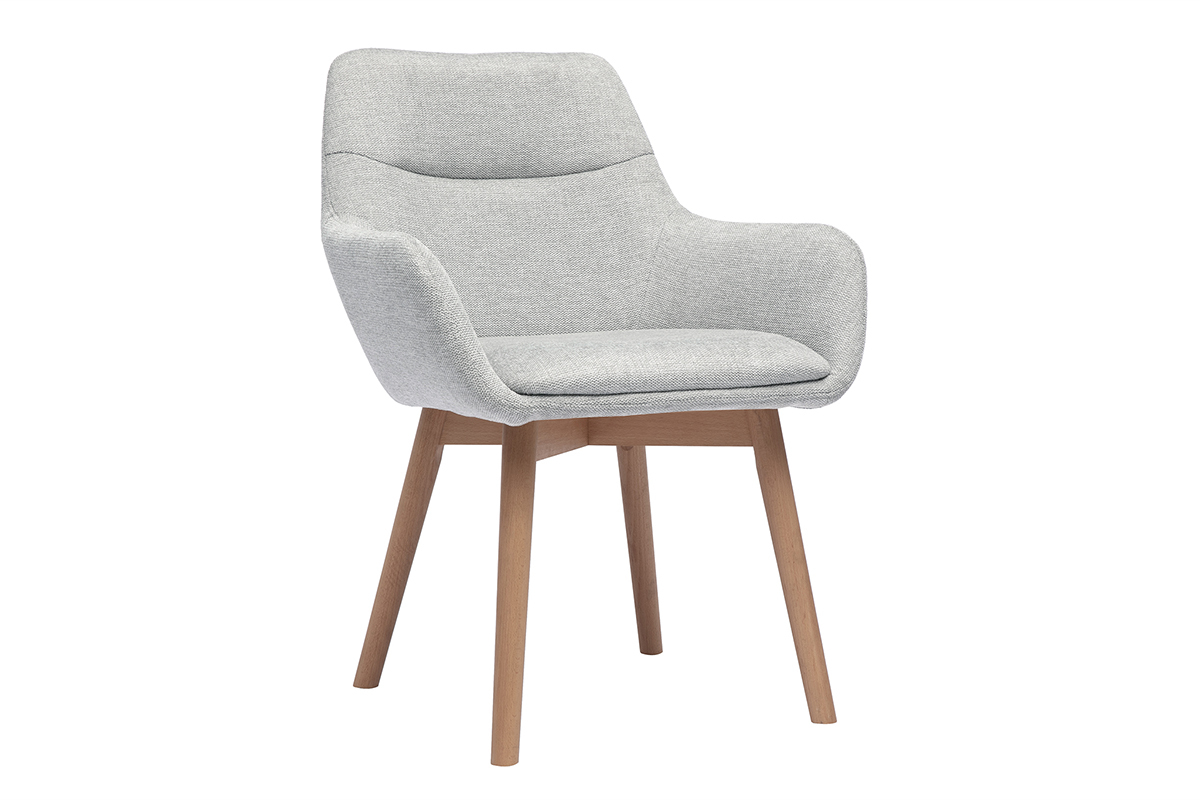 Silla gris de tela efecto terciopelo con patas de madera clara, vista de 3/4.