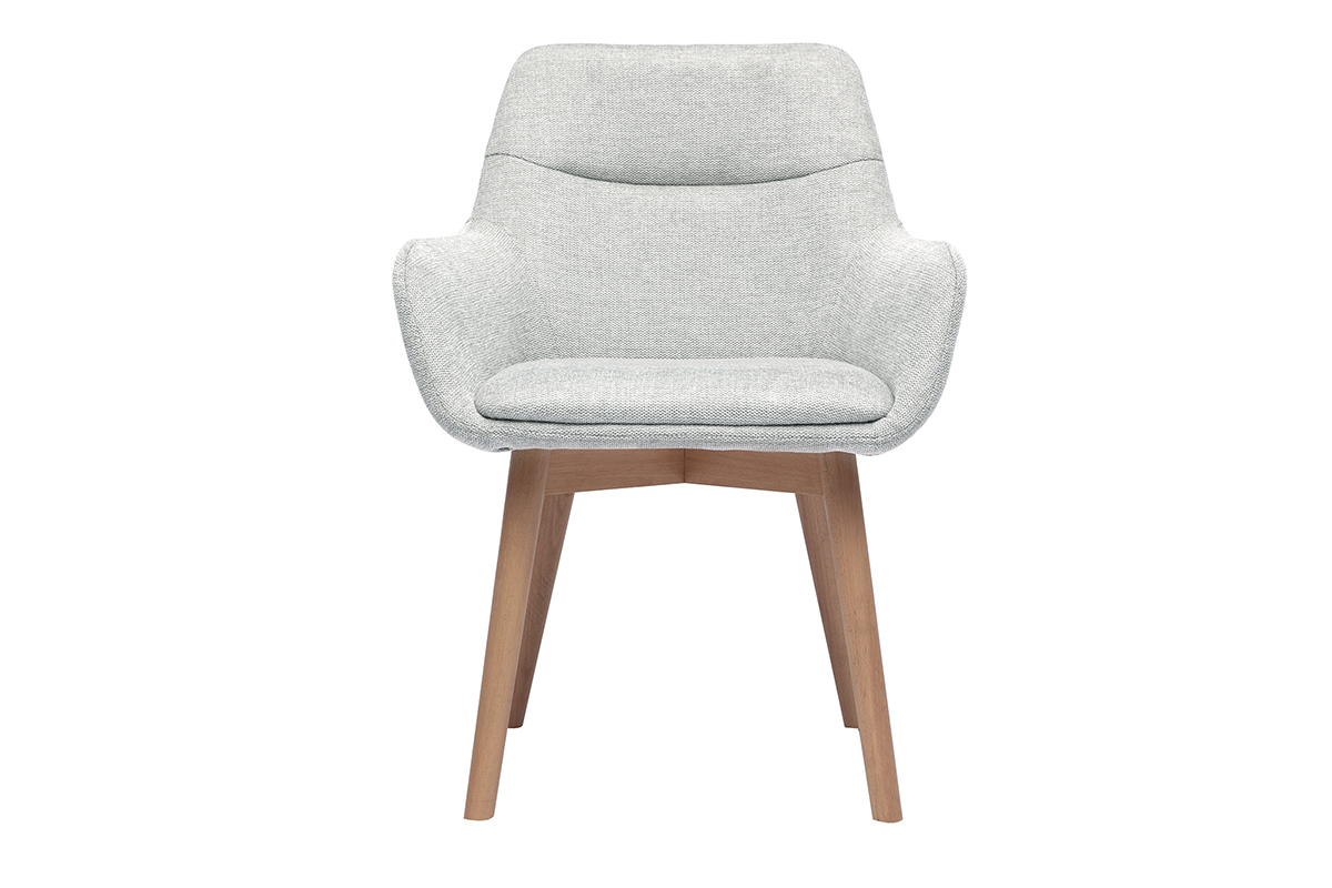 Silla de tela de terciopelo gris claro y madera clara vista de frente.