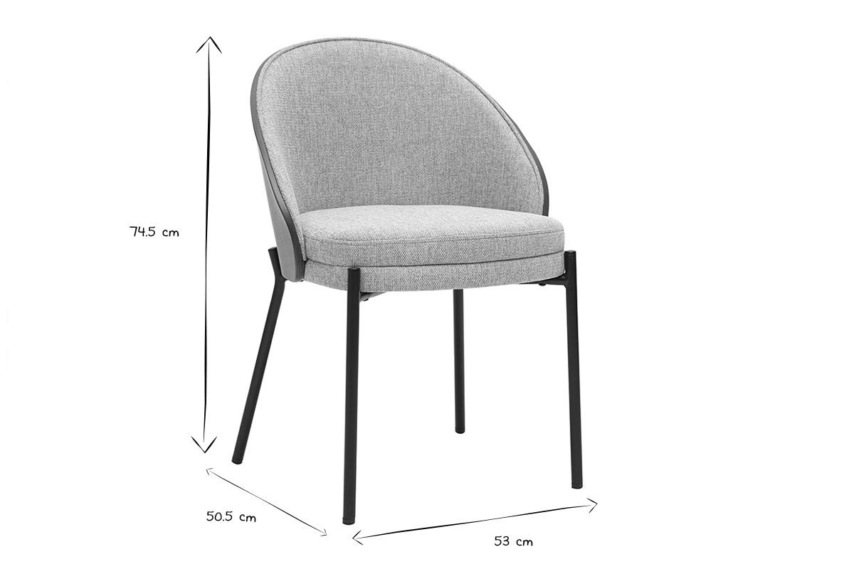 Silla de tela efecto terciopelo gris con dimensiones 74,5 cm de altura, 50,5 cm de ancho, 53 cm de profundidad.