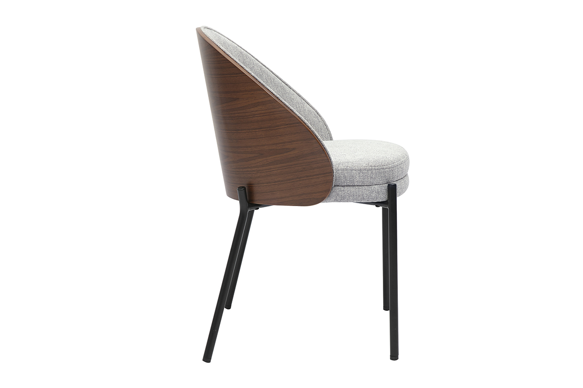 Silla TUCSON en tela efecto terciopelo gris con respaldo en madera oscura, vista lateral.