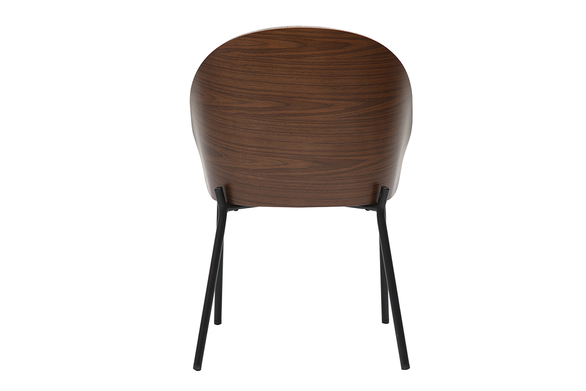 Vista trasera de una silla de madera oscura y metal negro, con respaldo redondeado.