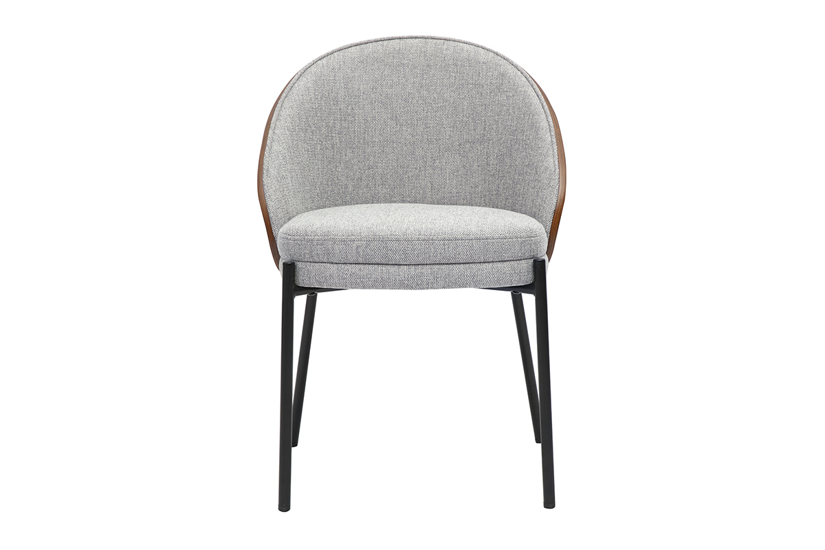 Silla TUCSON gris efecto terciopelo, madera oscura, metal negro, vista frontal.