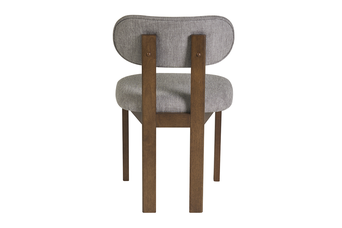 Silla NORMI en tejido gris y madera de nogal, vista trasera, dise�o vintage moderno.