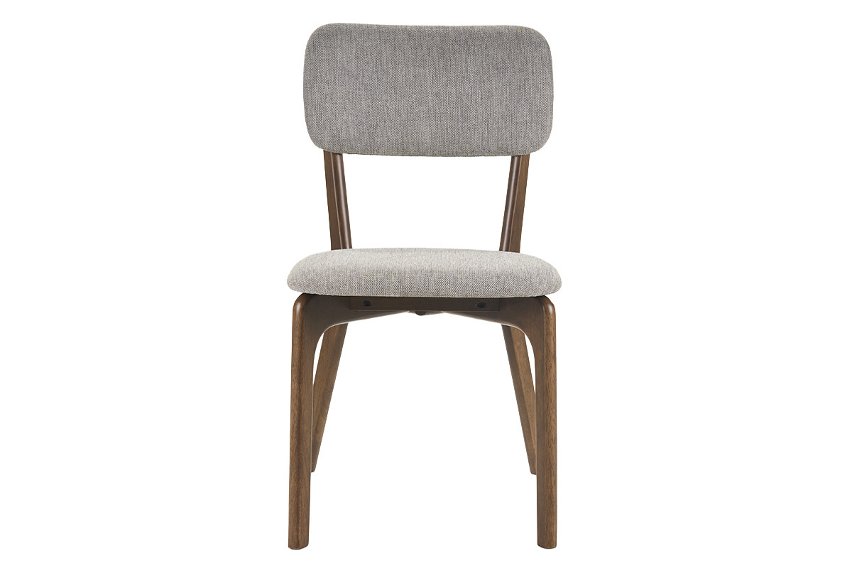 Silla de tela gris efecto terciopelo, estructura de madera oscura, vista frontal.