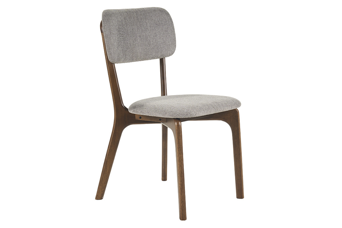 Silla de tela efecto terciopelo gris y madera oscura vista de 3/4.