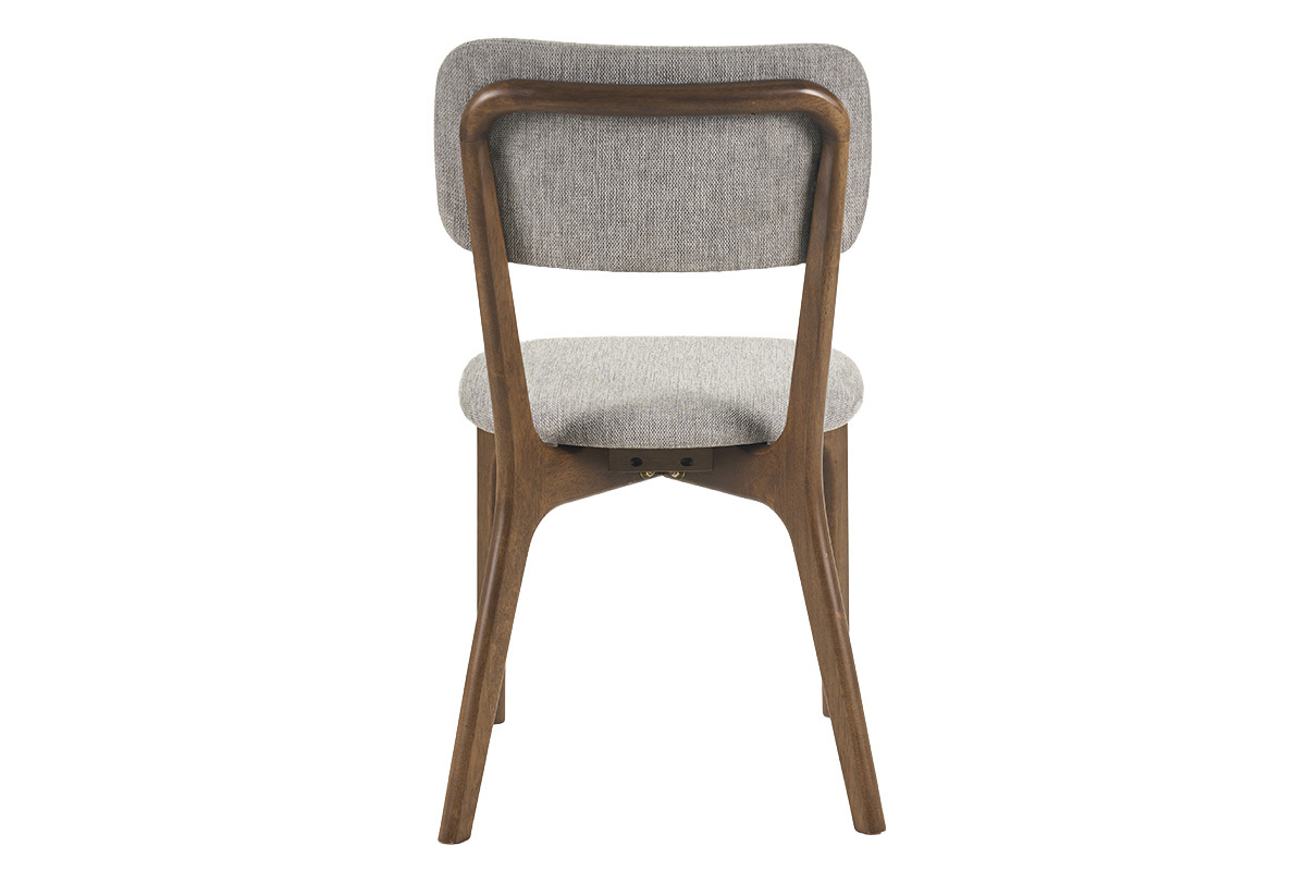 Silla de tela efecto terciopelo gris vista de atr�s con estructura de madera oscura.