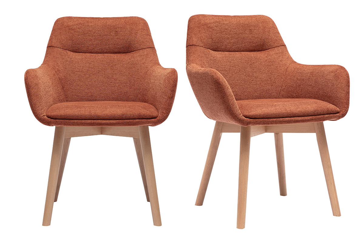 Sillas ALESS de terciopelo marrn quemado y madera clara, vista de frente.