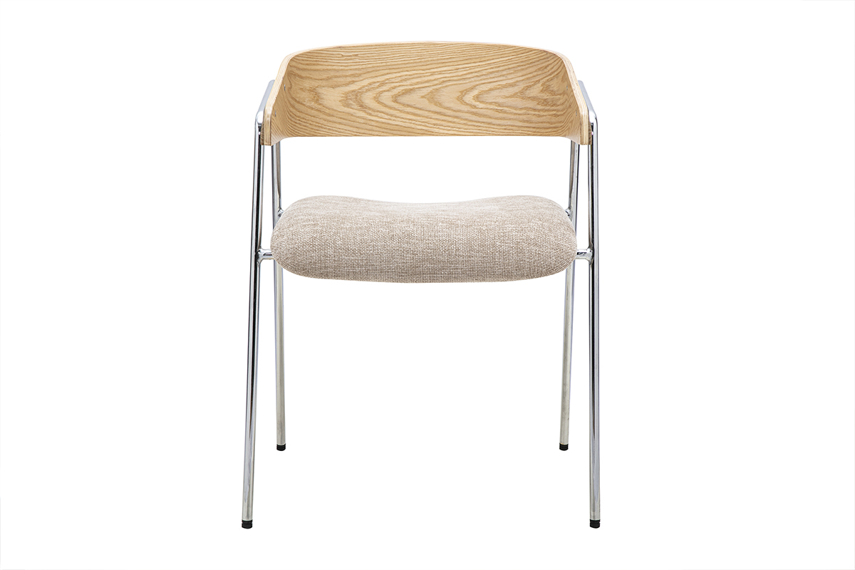Silla de tela topo con respaldo de madera clara y patas cromadas, vista frontal.