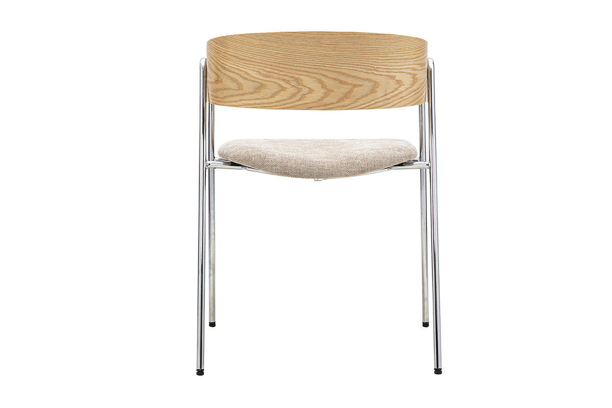 Silla de tela topo con respaldo de madera clara y patas de metal cromado, vista trasera