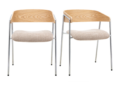 Sillas de tela efecto terciopelo texturizado topo, madera clara y metal cromado (lote de 2) FANELY