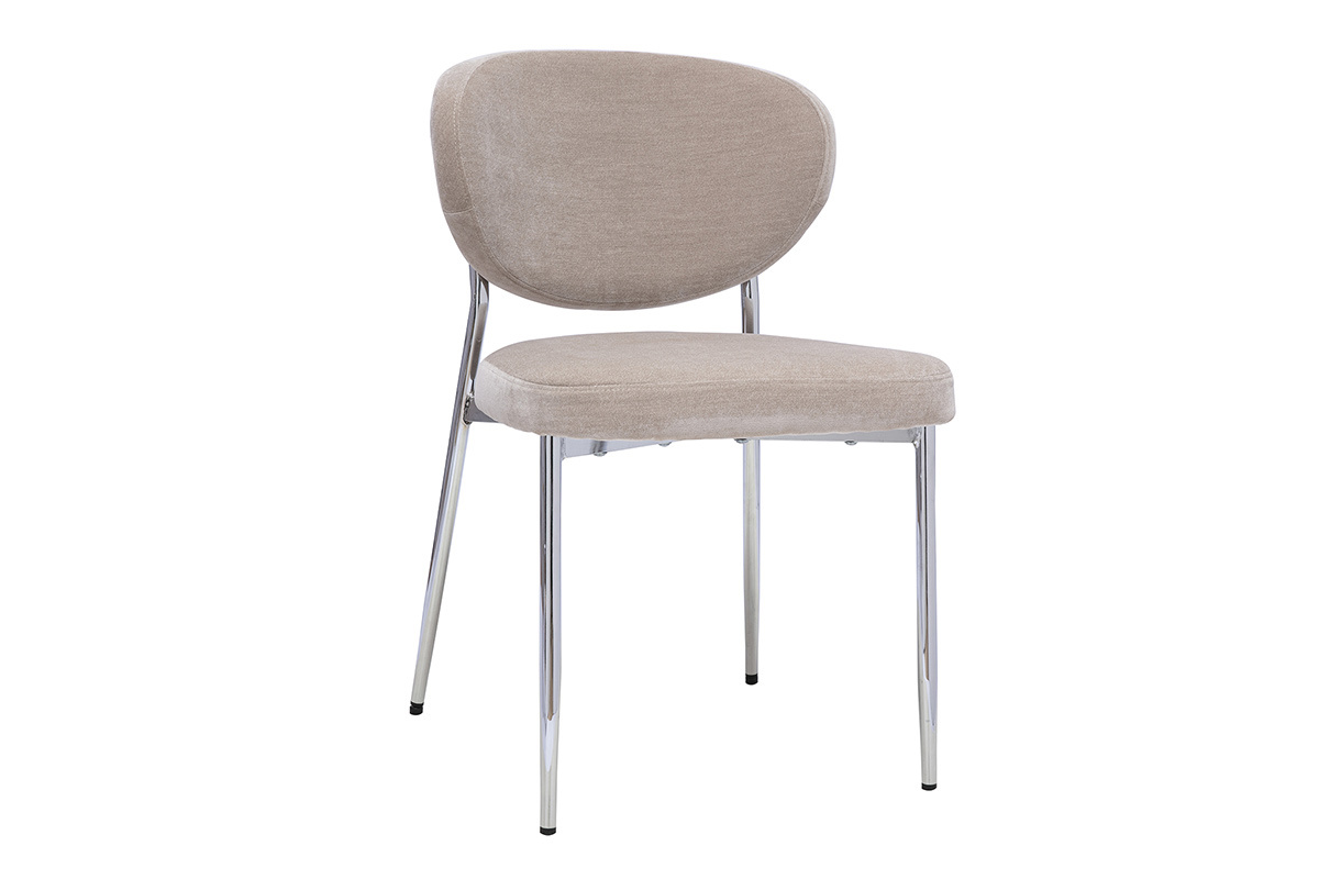 Silla de tela con efecto terciopelo topo con base de metal cromado, vista en 3/4.