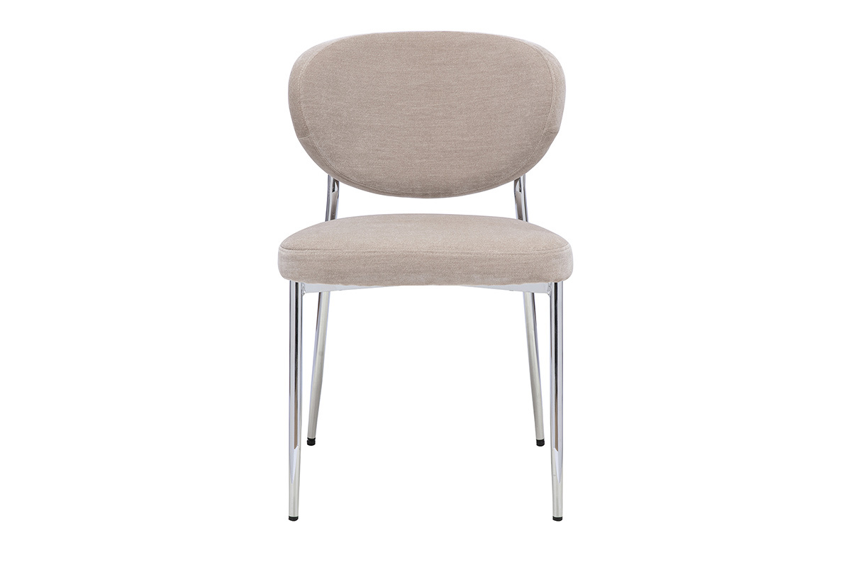 Silla de tela efecto terciopelo topo con base de metal cromado, vista frontal.