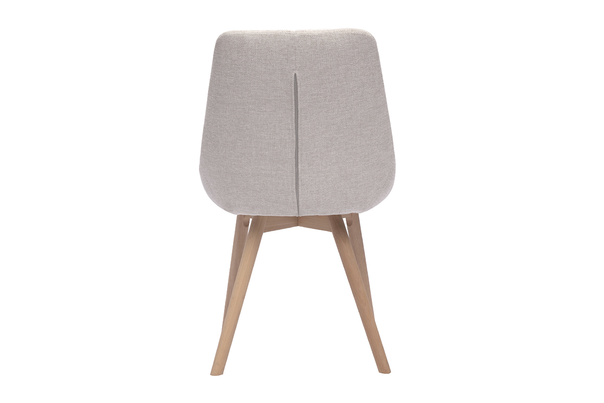 Silla de tela efecto terciopelo beige con patas de madera clara, vista desde atrs.