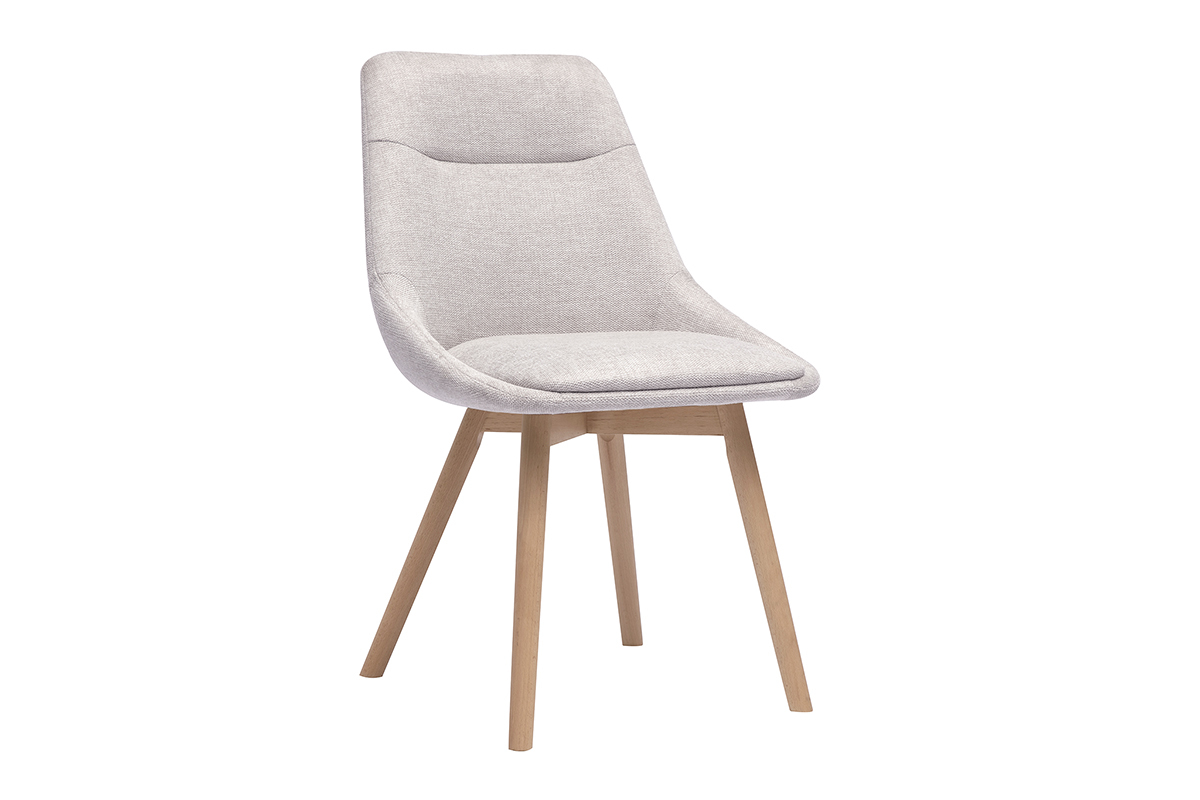 Silla beige de tela efecto terciopelo con patas de madera clara, vista de 3/4.