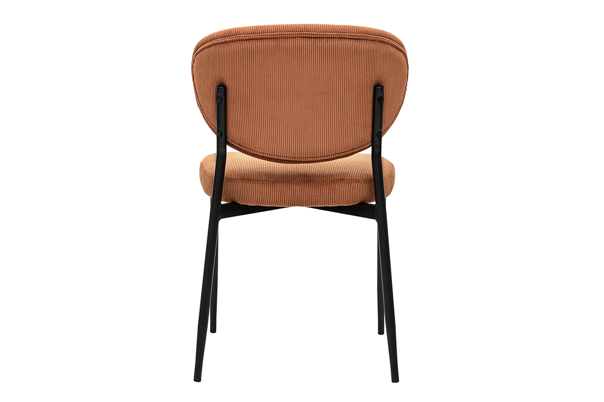 Silla BREKA en terciopelo de pana color tierra quemada con patas de metal negro, vista trasera.