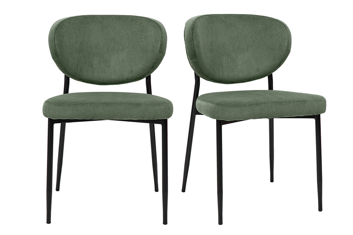Sillas en terciopelo acanalado verde caqui y metal negro (pack de 2) BREKA