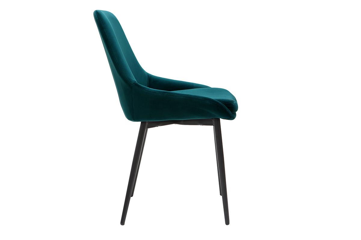 Silla de terciopelo azul petrleo, vista lateral, patas de metal negro.