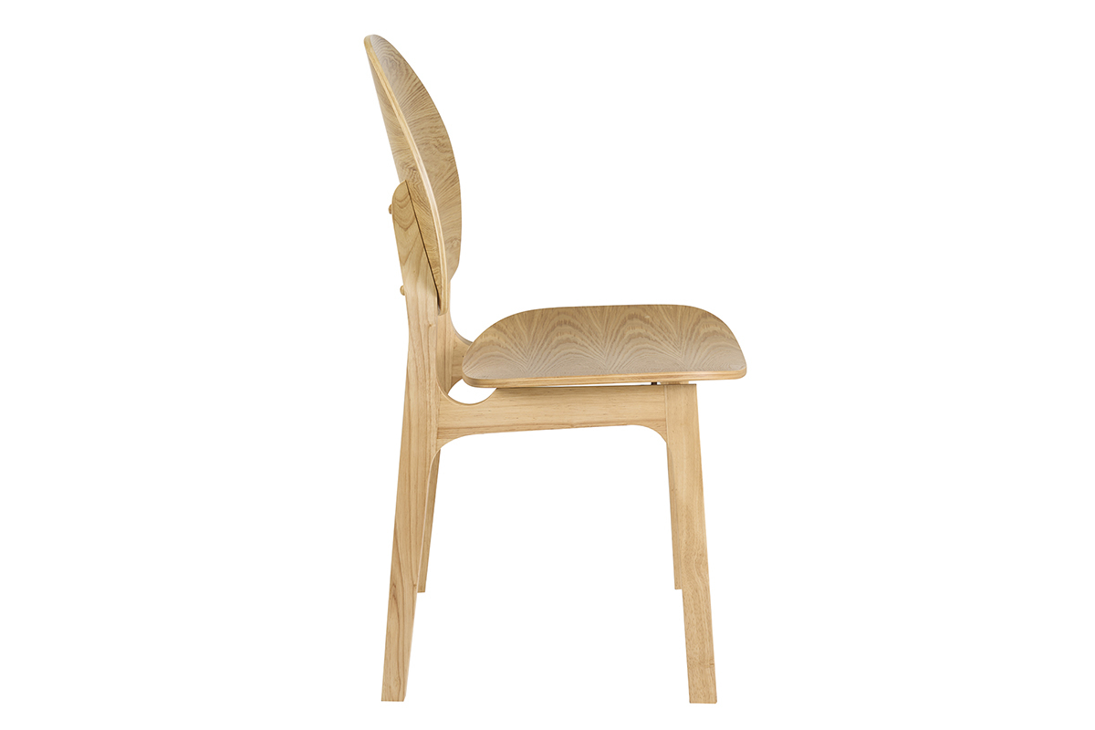 Silla escandinava de madera clara ELTON vista de perfil, respaldo curvado y estructura de caucho.