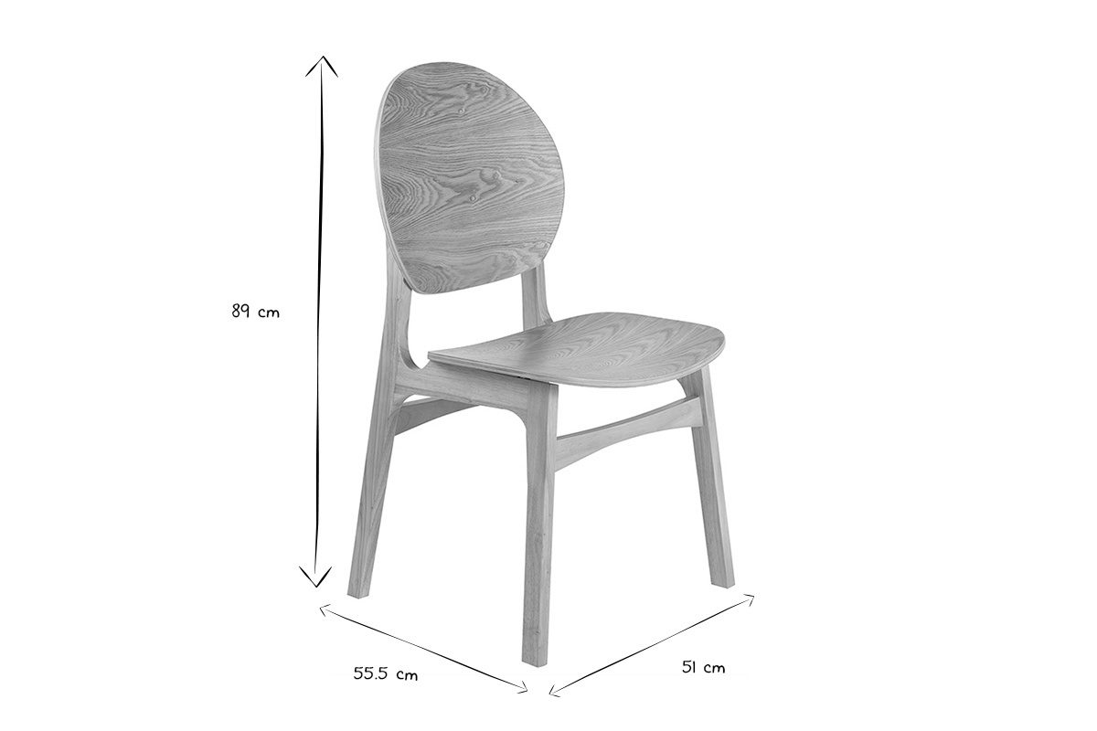 Dimensiones de las sillas escandinavas ELTON de madera clara: 89 cm de altura, 55,5 cm de ancho, 51 cm de profundidad.