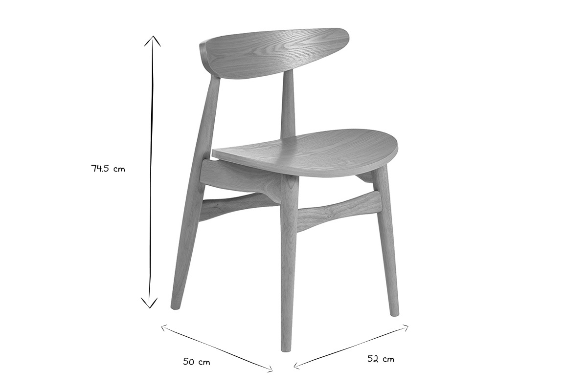 Dimensiones de las sillas escandinavas de madera clara WALFORD: altura 74,5 cm, anchura 50 cm, profundidad 52 cm.