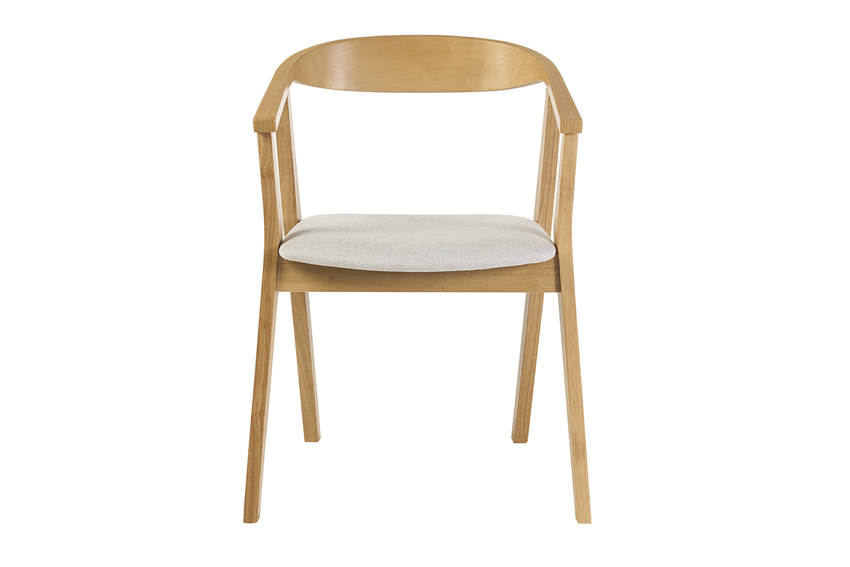 Silla escandinava BAHIA de madera clara con reposabrazos y coj�n beige, vista frontal.