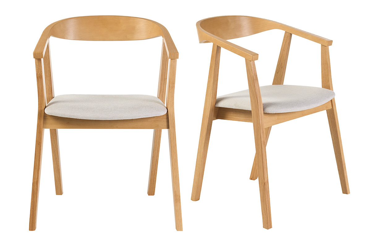 Juego de 2 sillas escandinavas de madera clara con reposabrazos y tela beige, vista frontal y lateral.