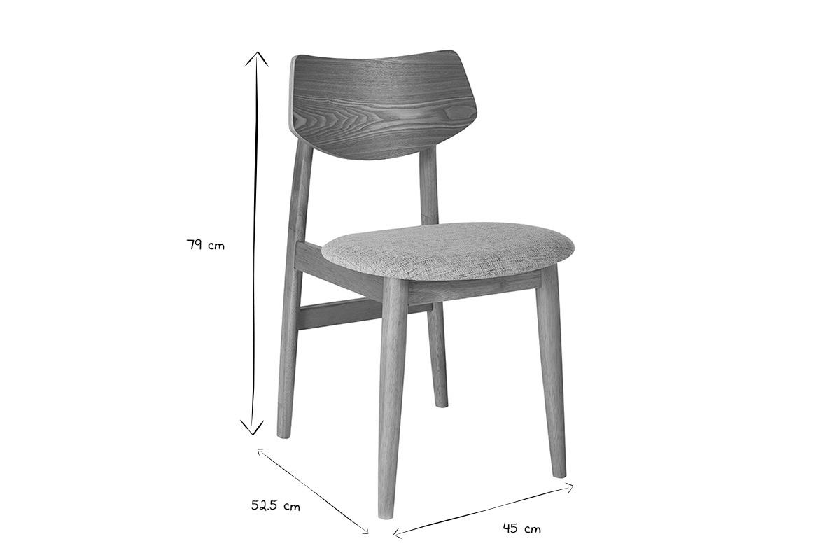 Silla escandinava con dimensiones: H 79 cm, L 52,5 cm, P 45 cm, vista 3/4 en blanco y negro.