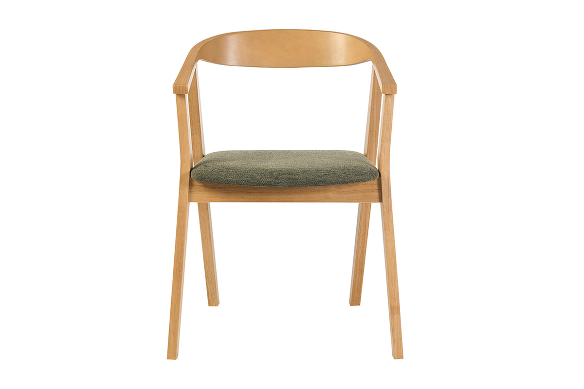 Silla escandinava de madera clara con asiento de tela verde caqui, vista frontal.