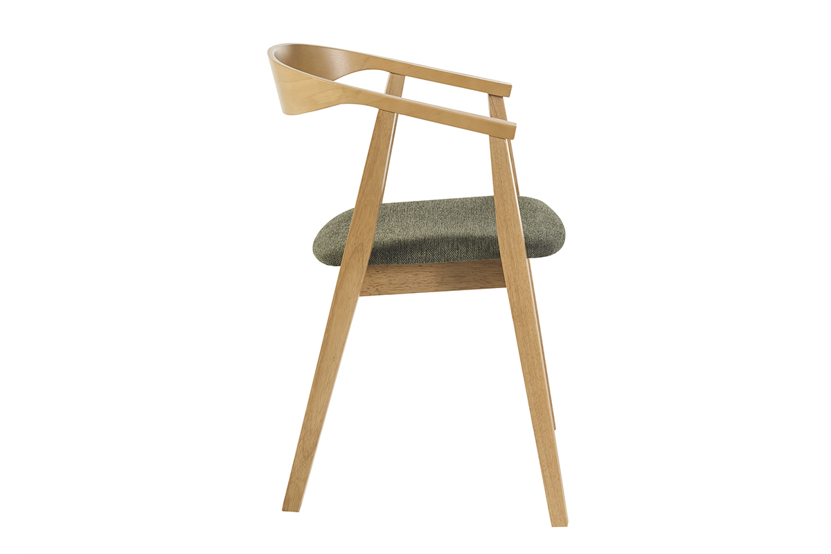 Silla escandinava BAHIA de madera clara con reposabrazos y asiento de tela verde caqui, vista de perfil.