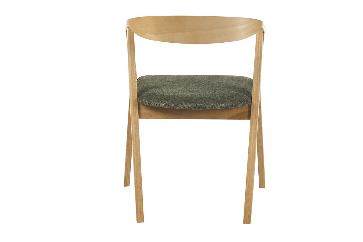 Silla escandinava de madera clara con asiento de tela verde caqui, vista trasera.