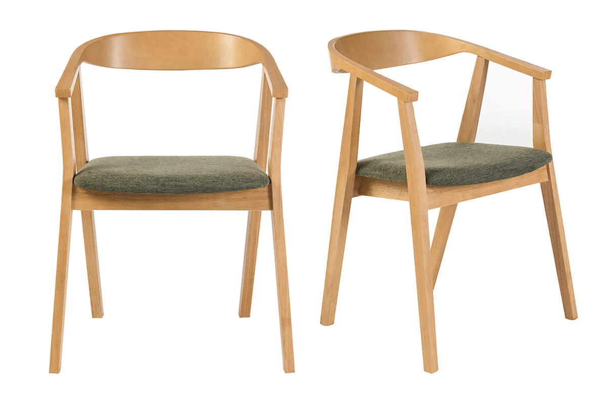 Sillas escandinavas de madera clara y tela con efecto terciopelo texturizado verde caqui (lote de 2) BAHIA