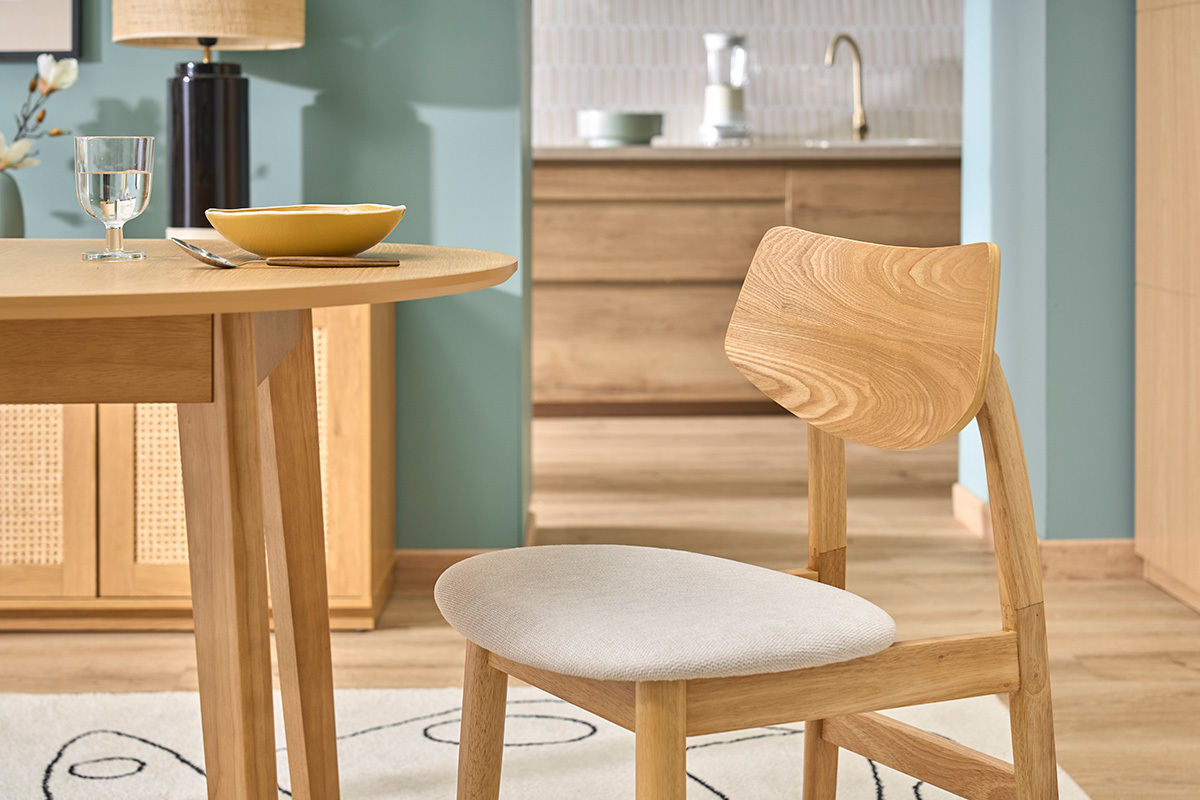 Sillas escandinavas de madera clara y tela efecto terciopelo texturizado beige (juego de 2) ELION