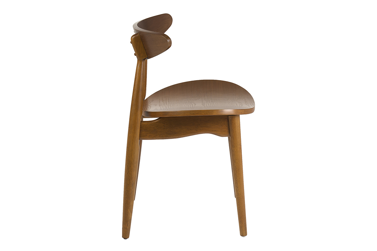 Silla escandinava de madera de fresno oscuro vista de perfil, asiento curvado y patas c�nicas.
