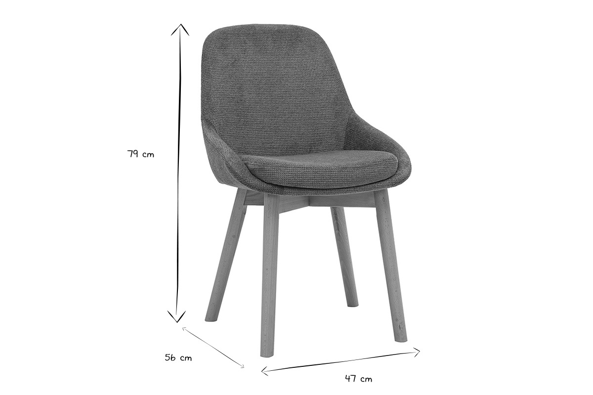 Silla escandinava vista de perfil con dimensiones 47x56x79 cm en negro y blanco.