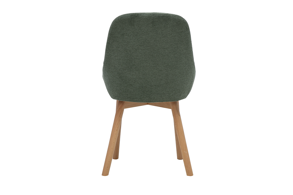 Silla escandinava de tejido chenilla verde caqui vista desde atr�s, con patas de madera clara.