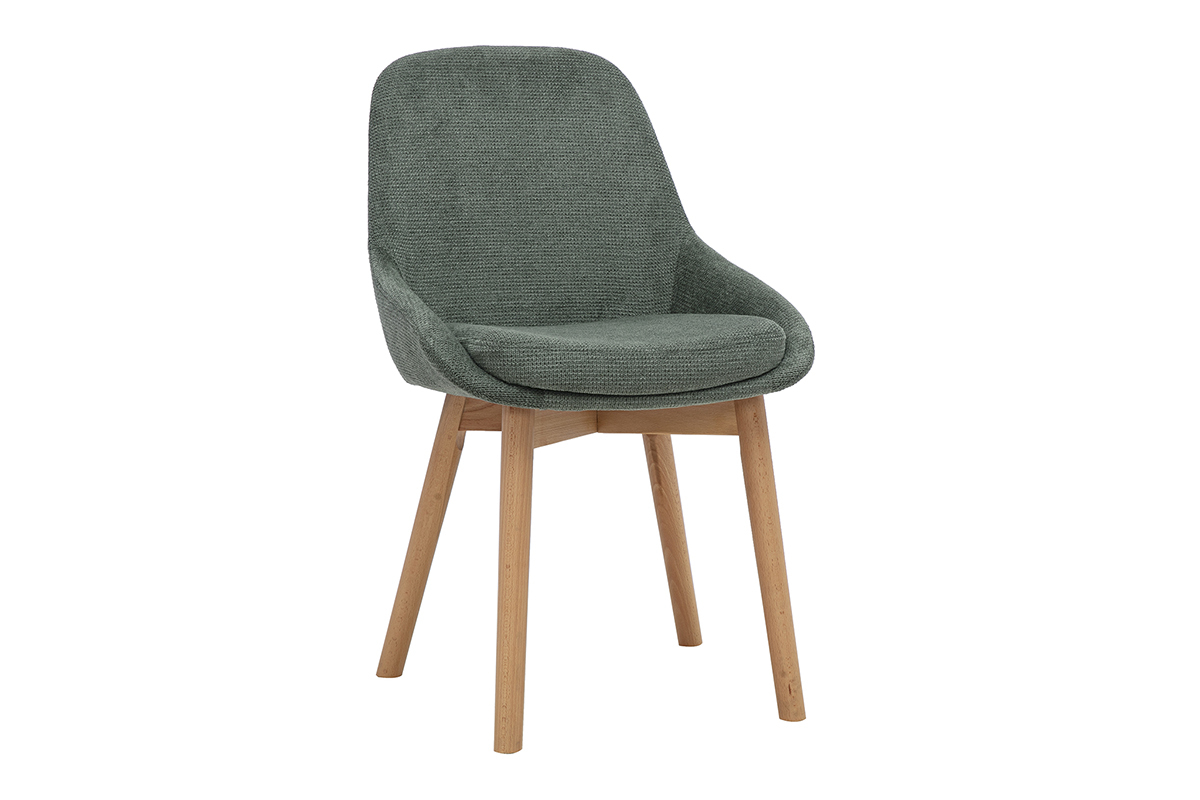 Silla escandinava de tela chenilla verde caqui con base de madera clara, vista en 3/4.