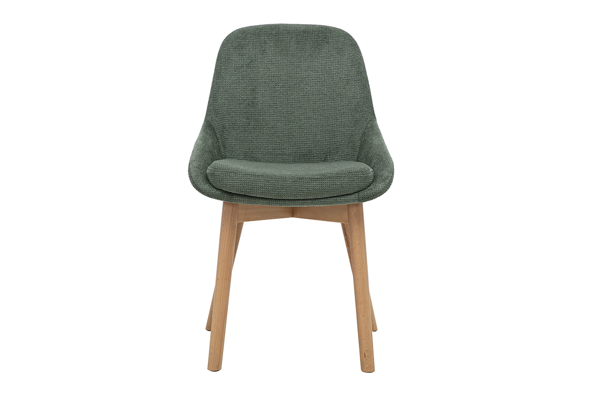 Silla escandinava de tela de chenilla verde kaki y madera clara, vista frontal