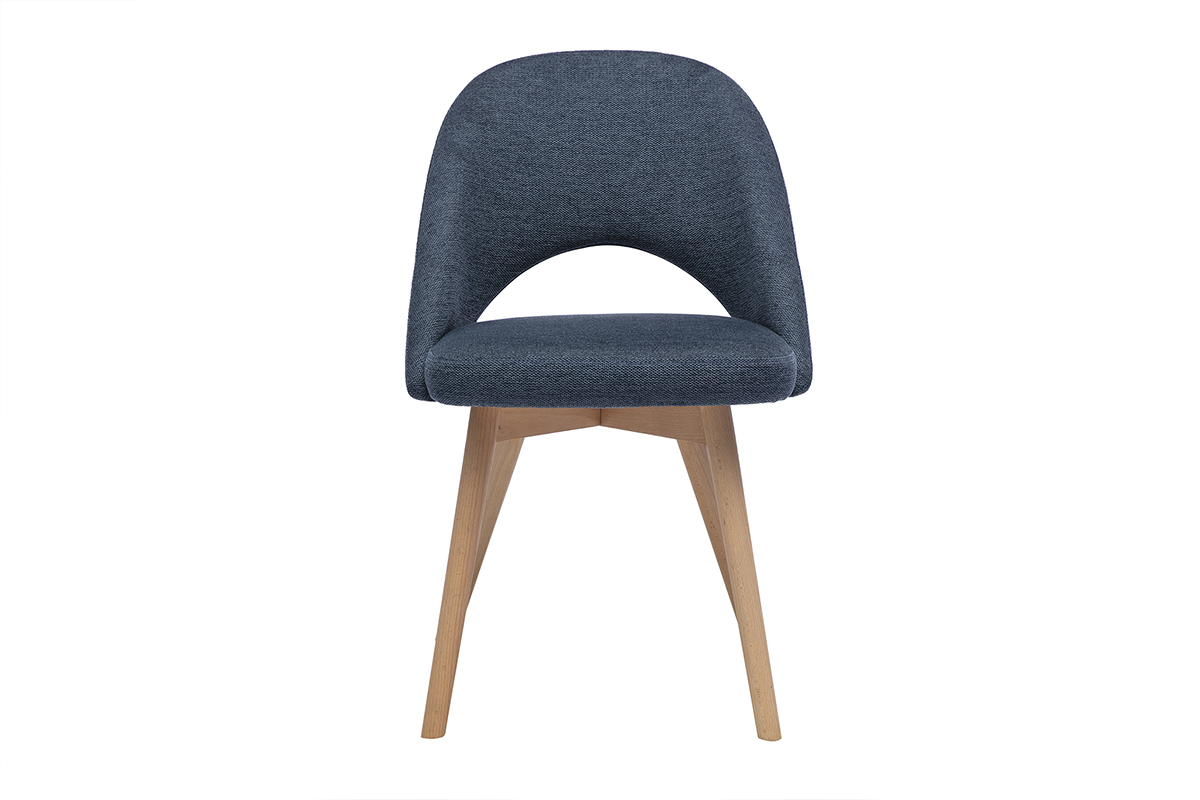 Silla escandinava de tejido azul oscuro con pata de madera clara, vista frontal.